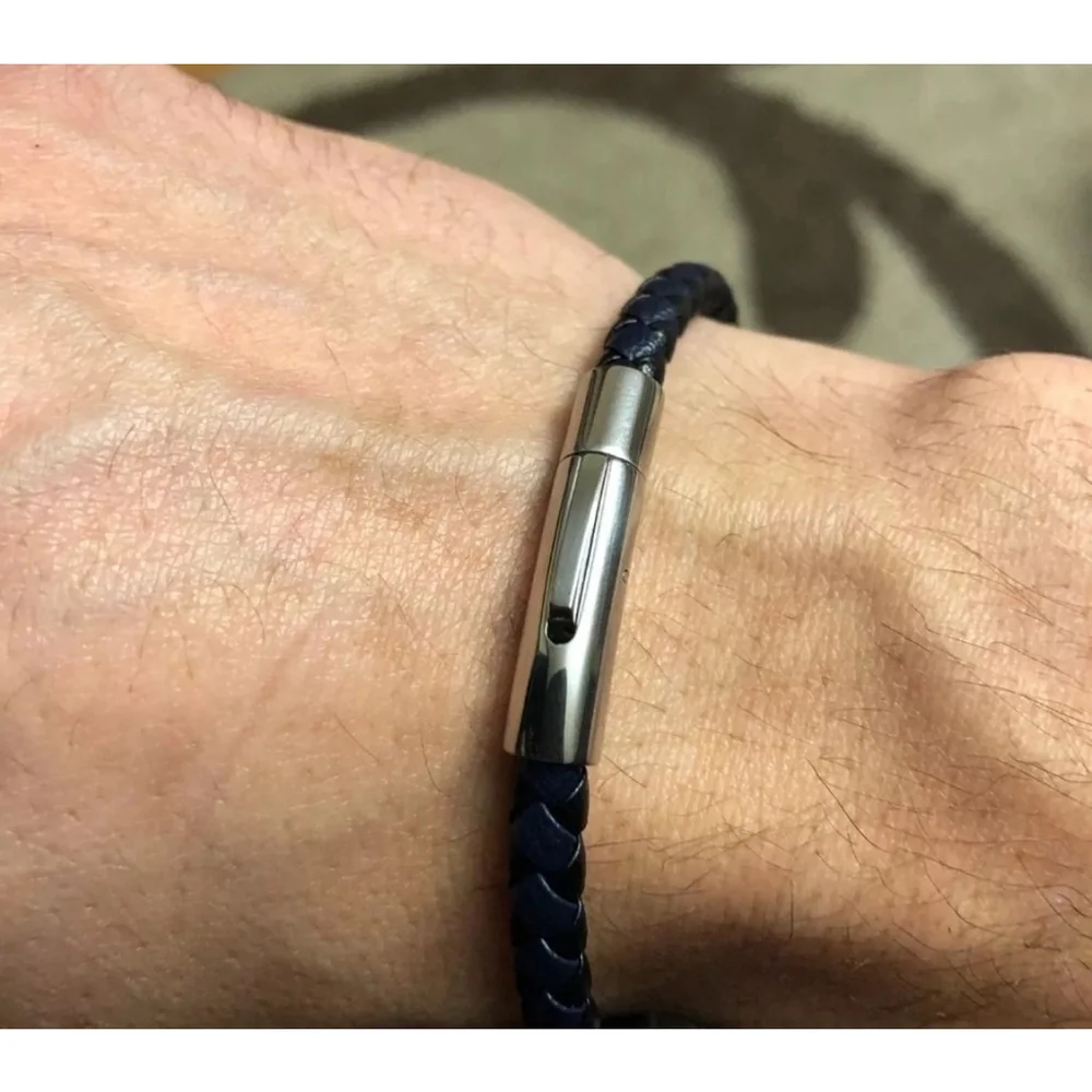 NEW Unisex Men's Black Leather Stainless Magnetic Closure Bracelet‎ 8.25”